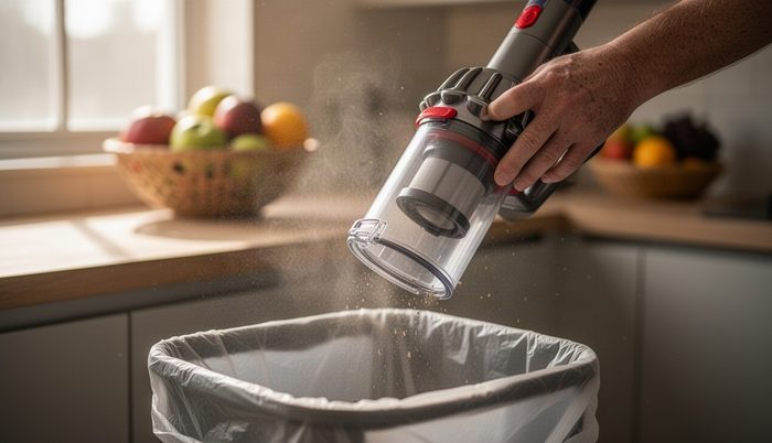 Dik süpürgenin filtre ünitesi, çöp kutusuna boşaltılıyor