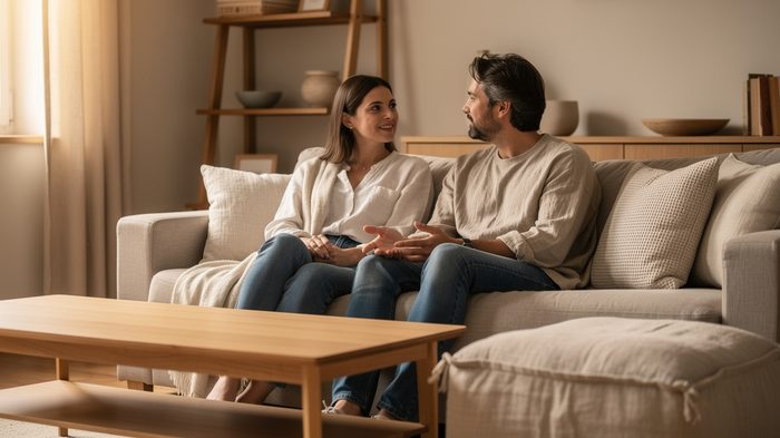 Sohbette olan bir çift, rahat bir oturma odasında